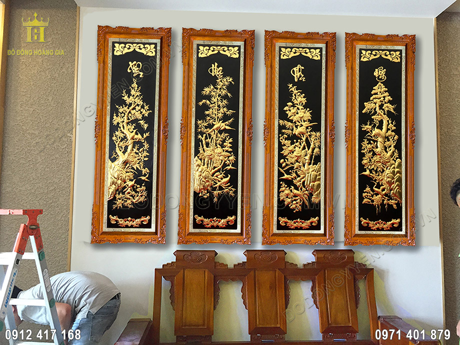 tranh đồng tứ qu&yacute; d&aacute;t v&agrave;ng